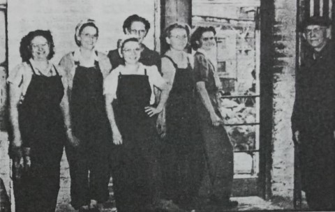 These ladies stepped in during World War II and worked in Field Fence at the mill. Mrs. William Milby; Miss Gladys Wilson; Mrs. Ed Sanders; Mrs. Helen Adair: Mrs. Leonard Michel; and Mrs. Margaret Murray. Jack Shierry is the man to the right.